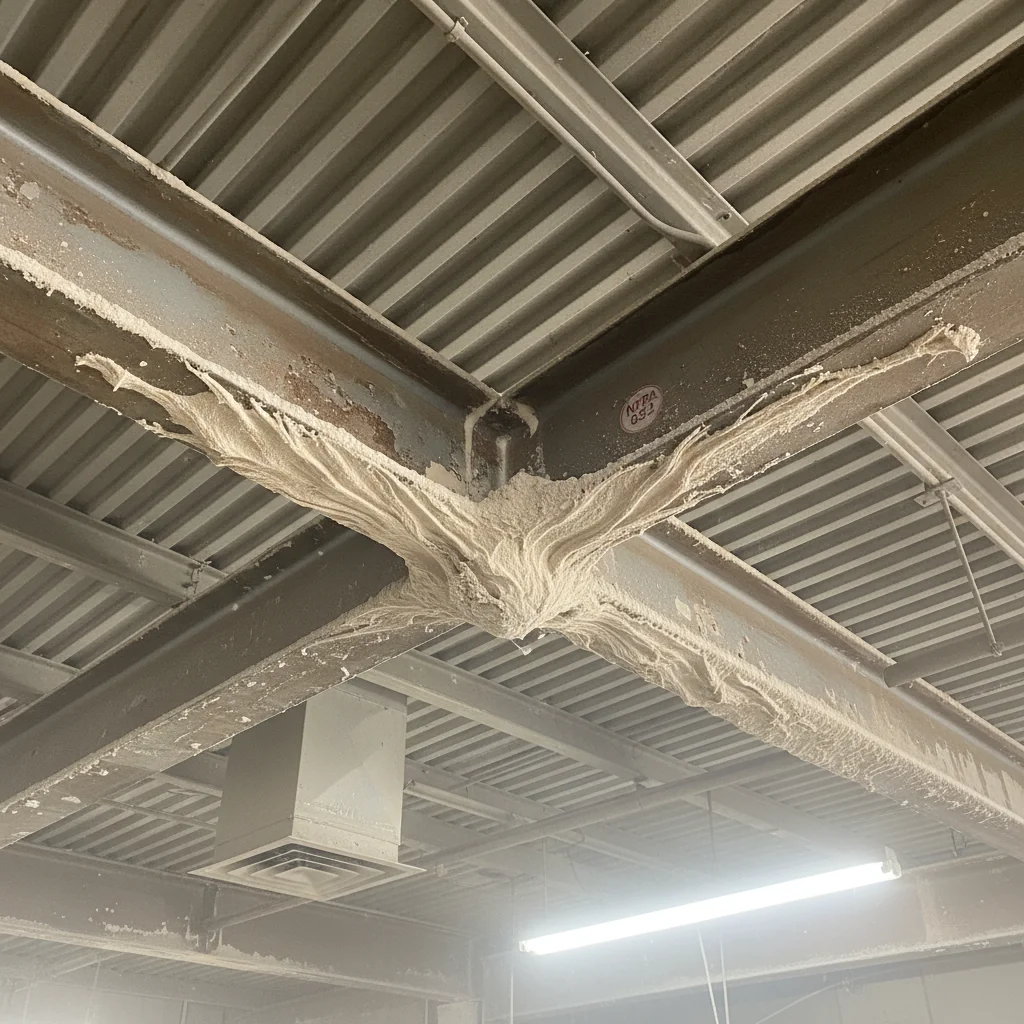 Close-up of combustible dust accumulation on industrial ceiling beams