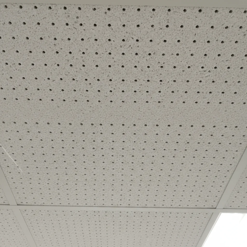Close-up of dust accumulation on industrial ceiling tile