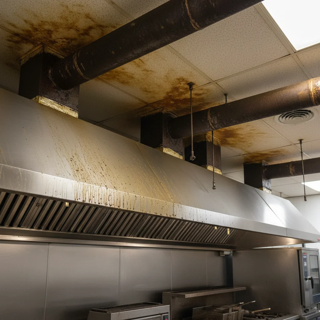 Close-up of grease buildup on commercial kitchen ceiling tile