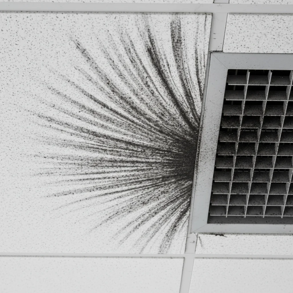 Close-up of HVAC soot streaks radiating from air vent on ceiling tile