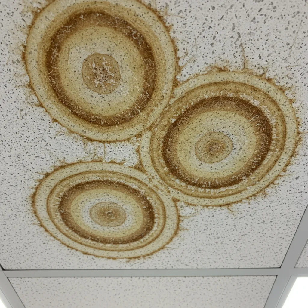 Close-up of water stain rings on acoustic ceiling tile