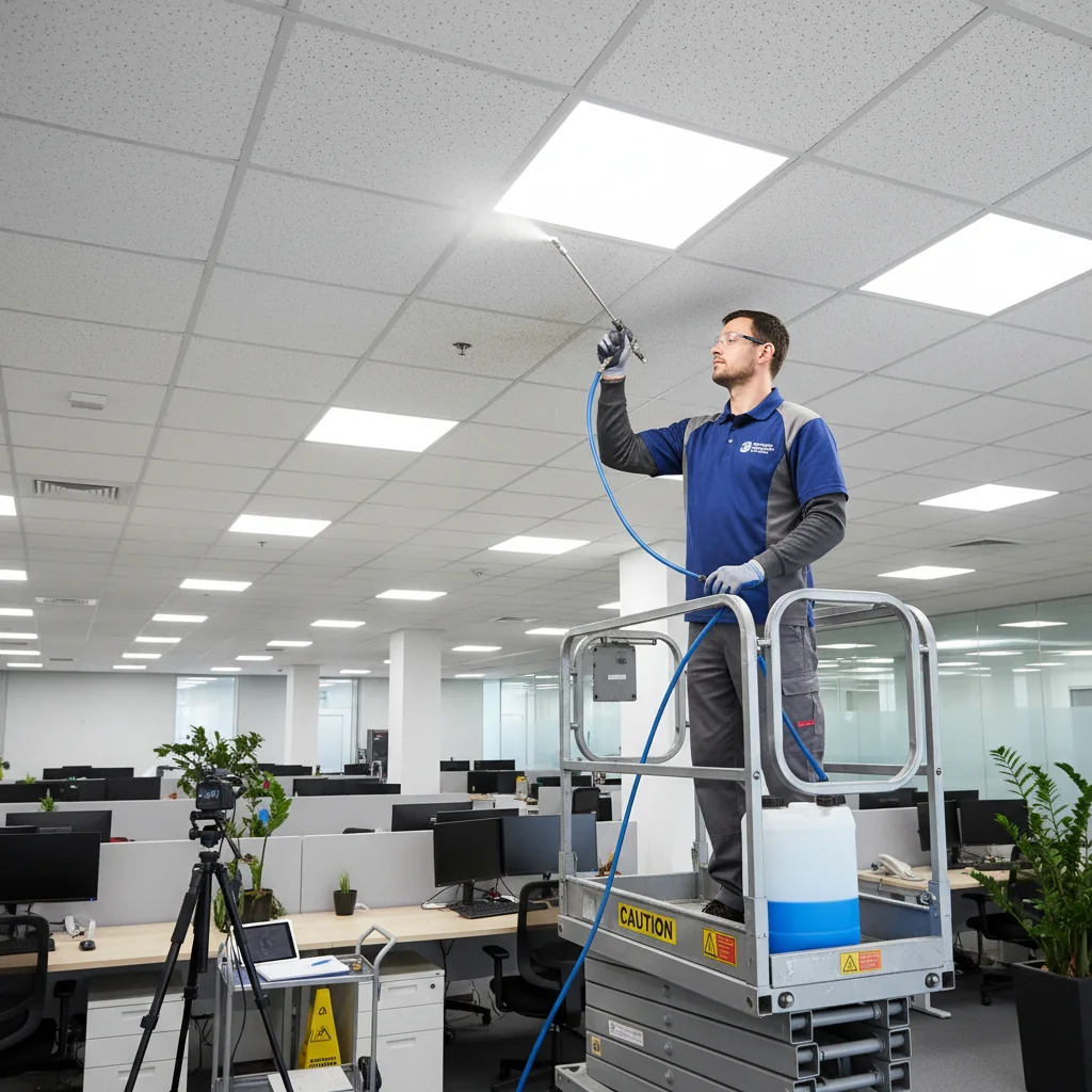 Technician on scissor lift applying cleaning solution to ceiling tiles