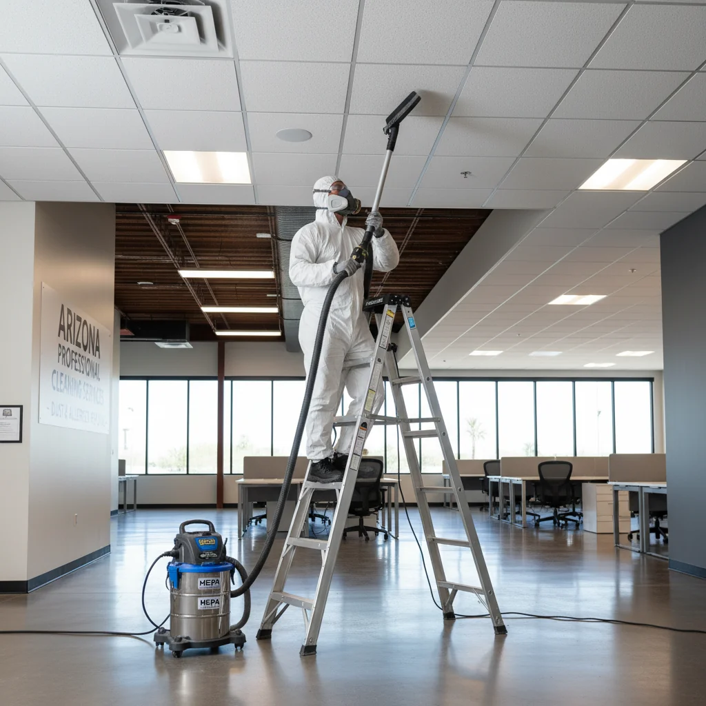 Professional technician using HEPA vacuum to clean commercial ceiling tiles