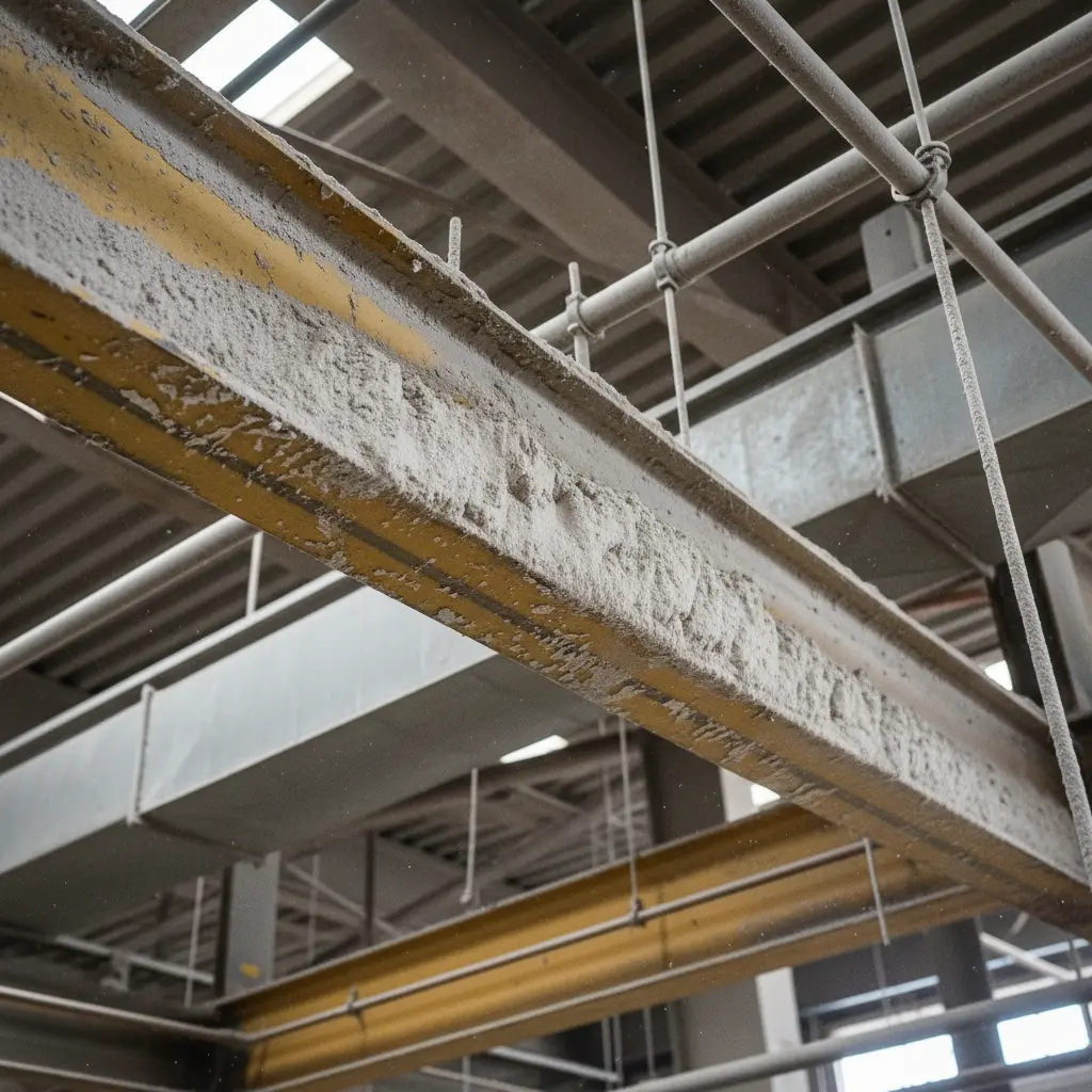 Thick combustible dust accumulation on industrial I-beam showing NFPA violation