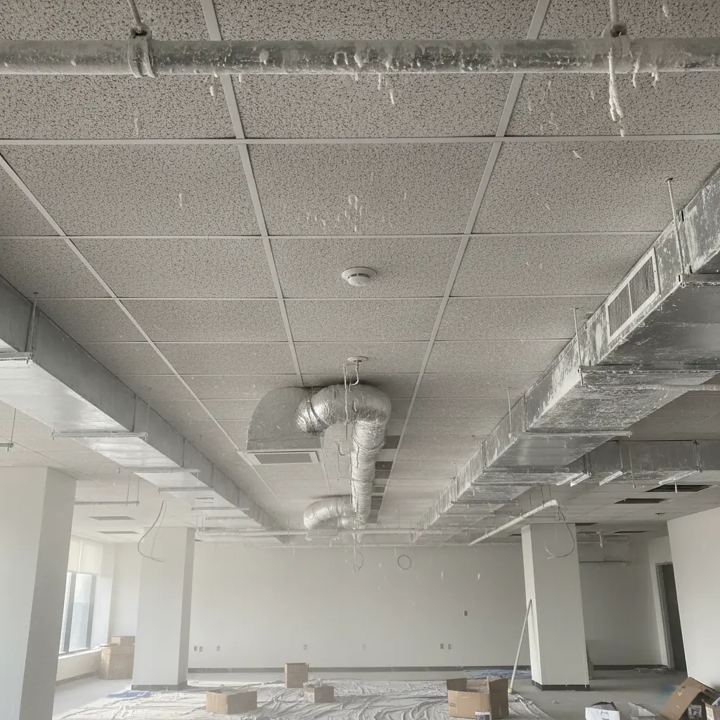 Post-construction dust settled on ceiling infrastructure and tiles
