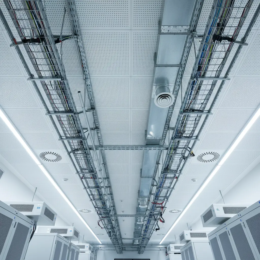Clean data center ceiling showing pristine cable management and equipment protection