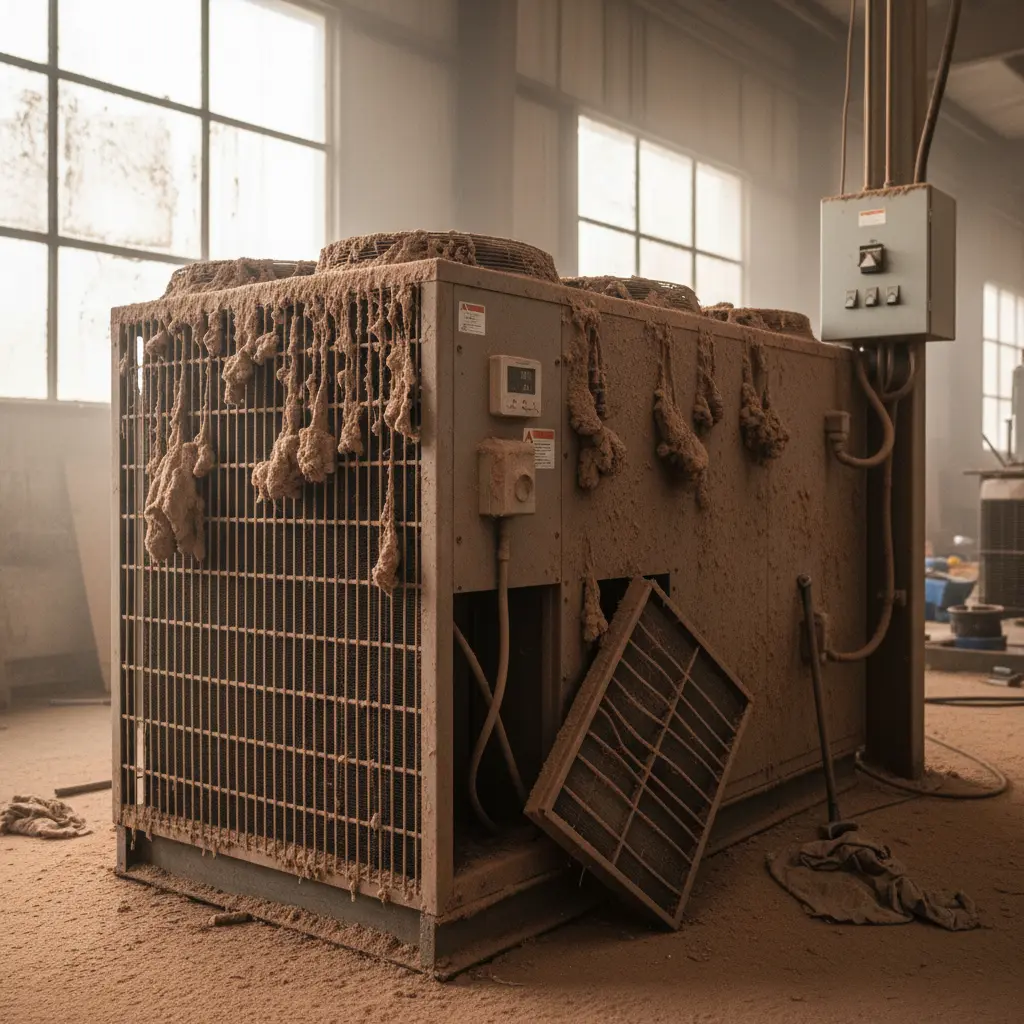Dusty industrial HVAC equipment showing maintenance problem and malfunction risk