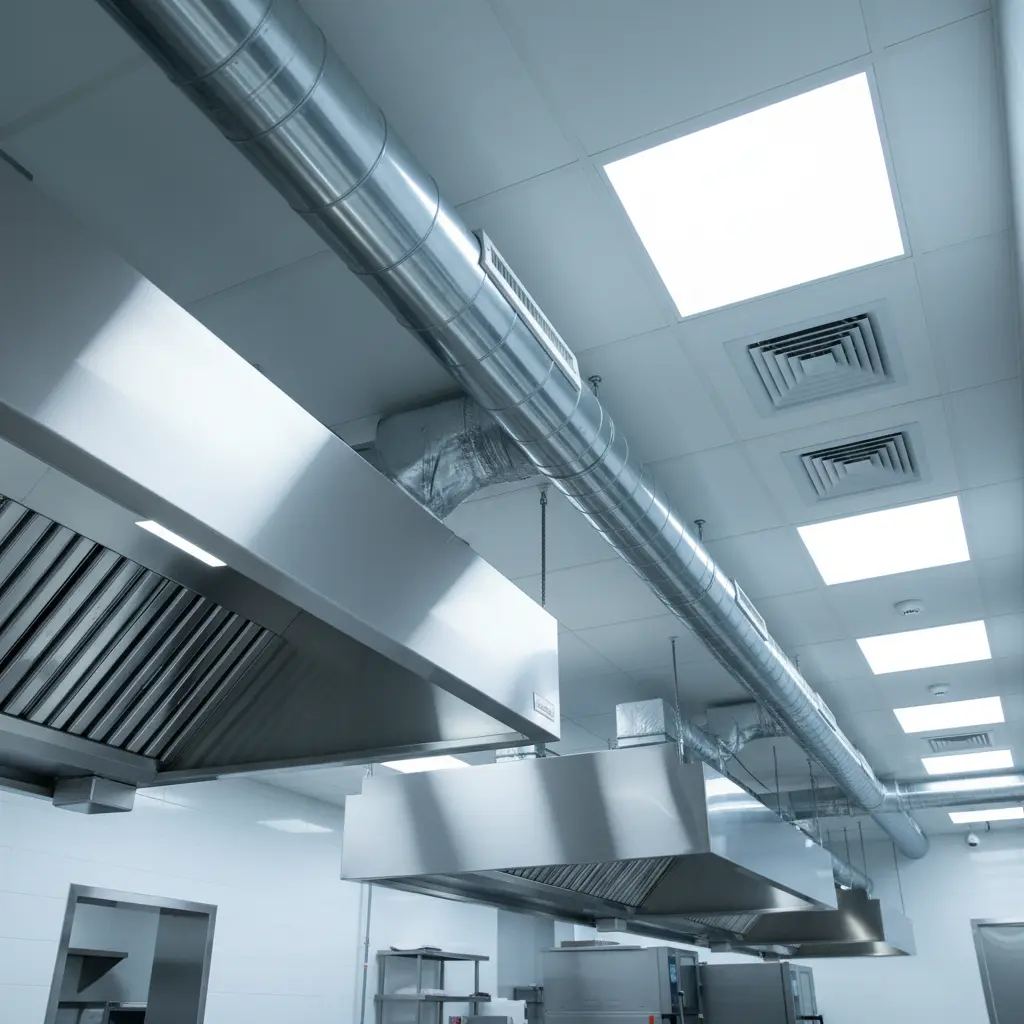 Clean commercial kitchen ceiling with spotless stainless steel ductwork
