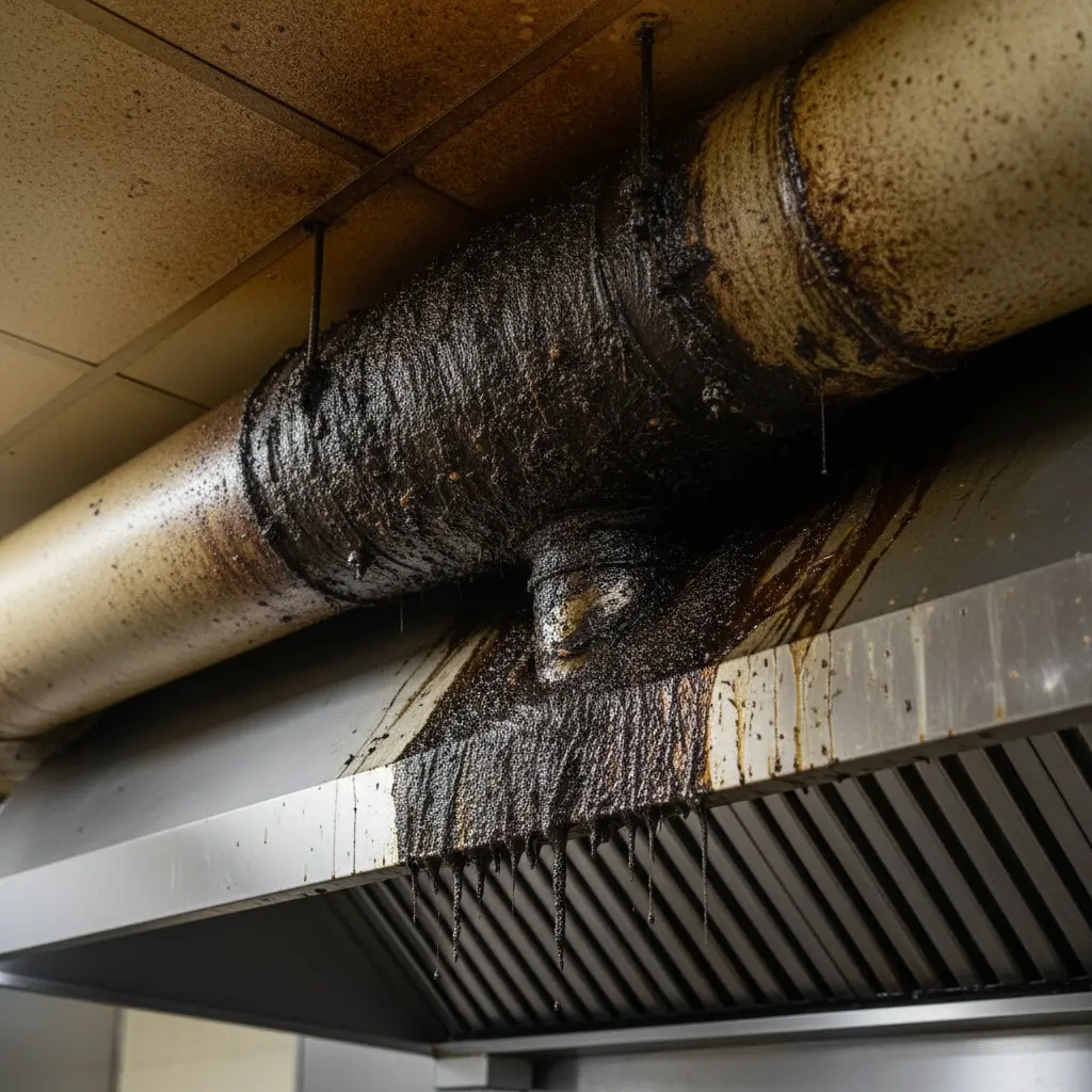 Grease and grime buildup on commercial kitchen exhaust hood and ductwork