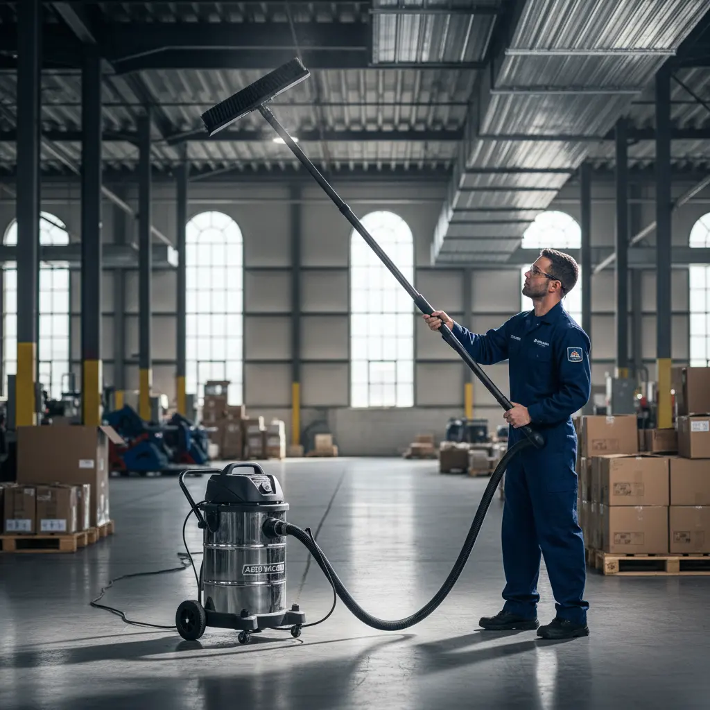 Professional technician using HEPA vacuum with extension pole for high dusting