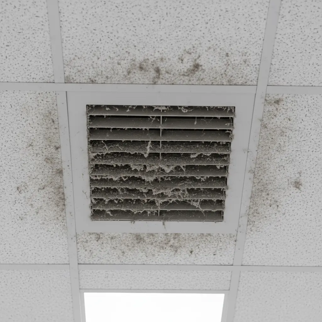 Dusty HVAC vent with visible dust accumulation causing air quality issues
