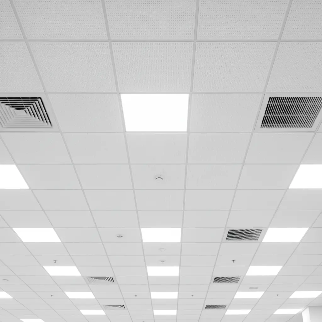 Clean corporate office ceiling with pristine acoustic tiles and HVAC vents