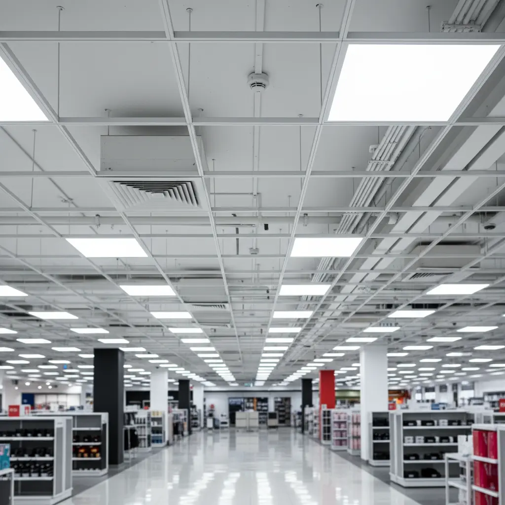 Clean retail store ceiling showing pristine customer-facing environment