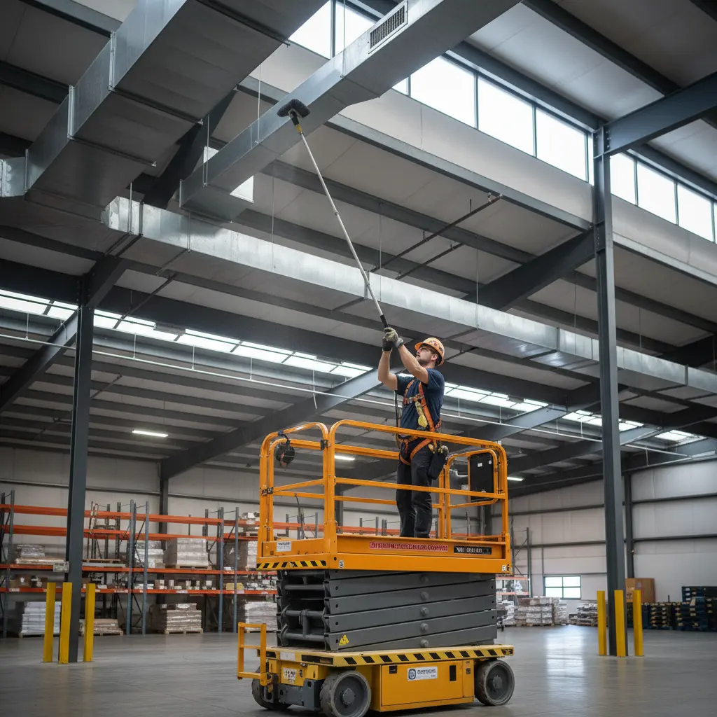 Certified operator on scissor lift platform performing high dusting