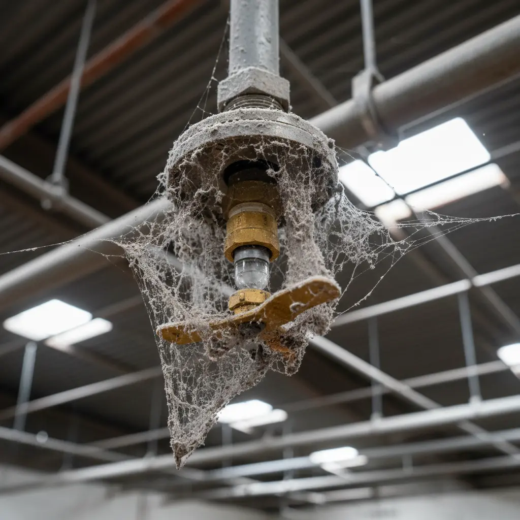 Dusty fire sprinkler head with cobwebs showing inspection violation