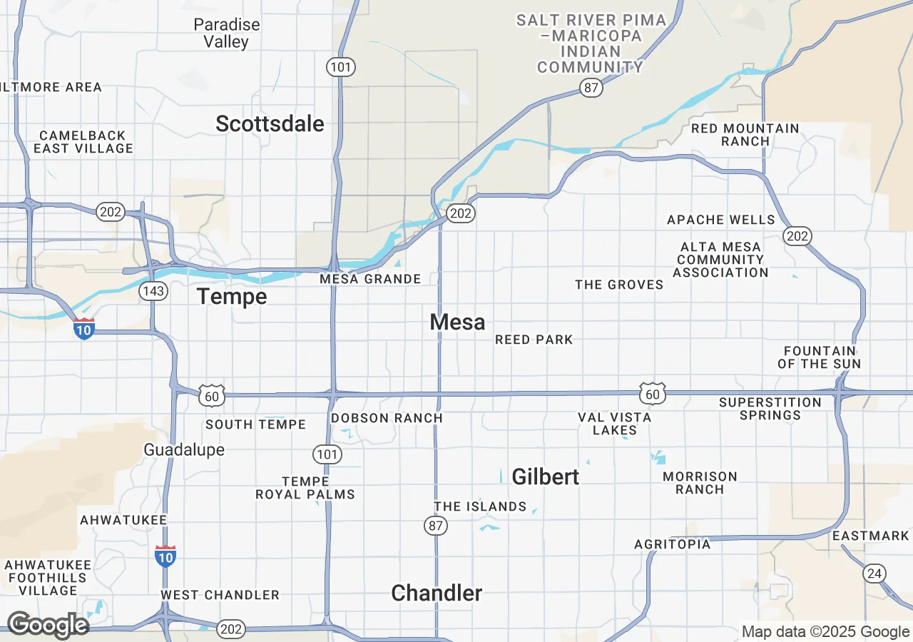 Mesa, AZ commercial ceiling cleaning service area map showing coverage zones