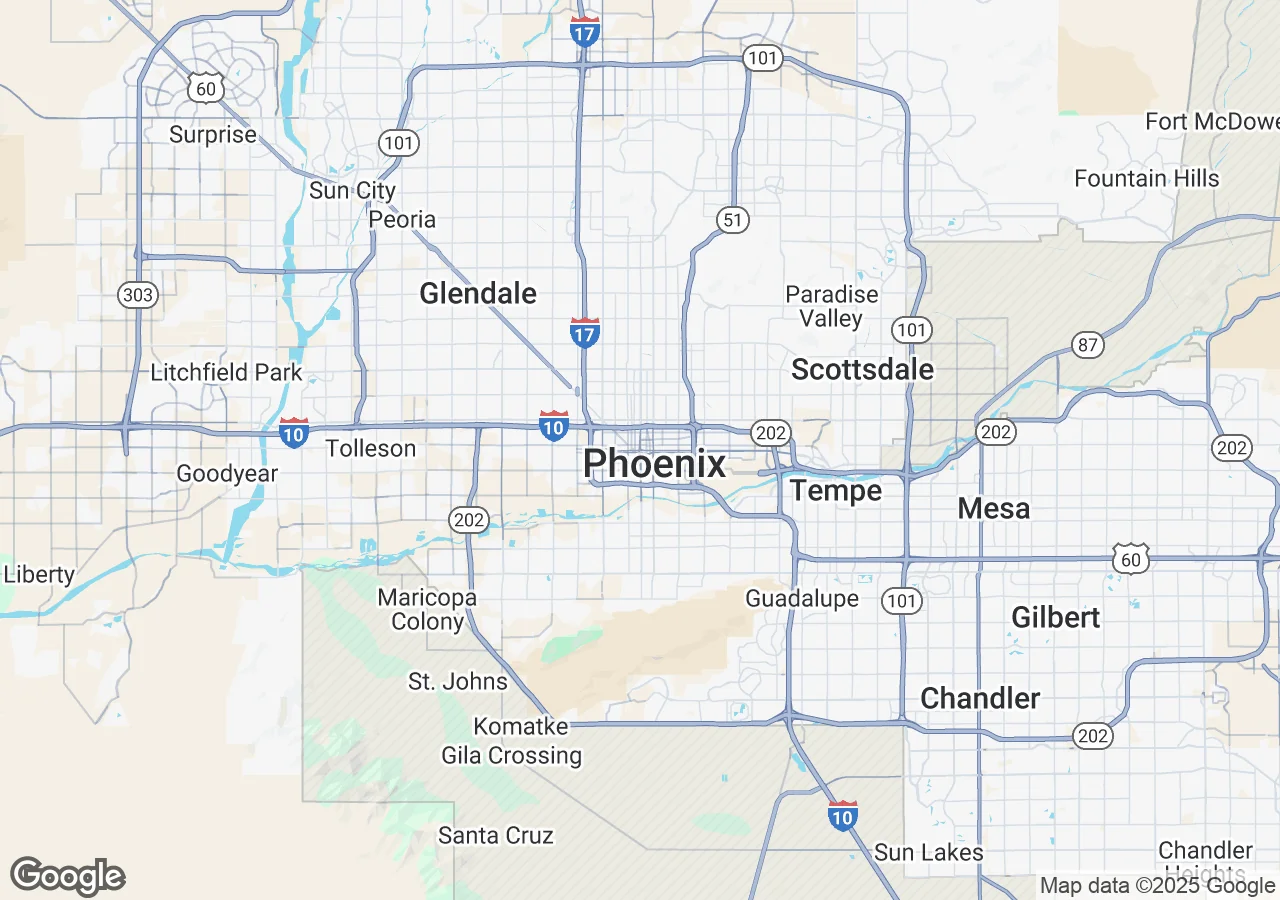 Phoenix, AZ commercial ceiling cleaning service area map showing coverage zones