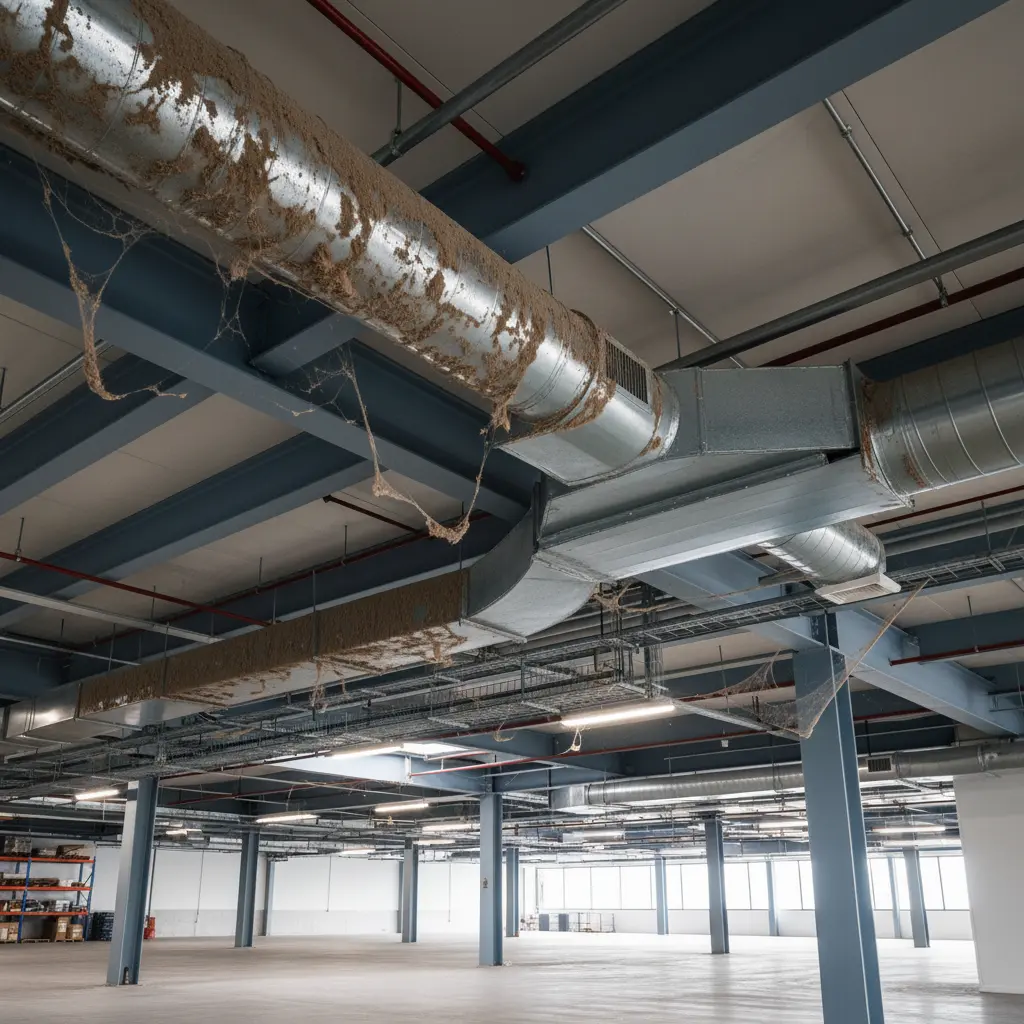 Commercial warehouse ceiling infrastructure before high dusting - showing dust accumulation on ductwork and beams
